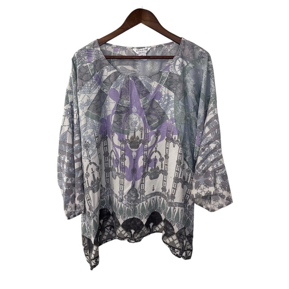 Citron Santa Monica silk blouse women's XL colorful boho art office work FLAWS